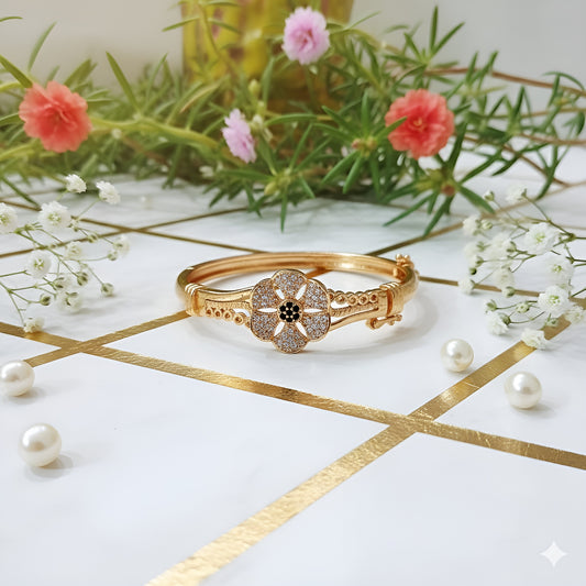 Elegant Gold-Plated Floral Bangle with Diamond Accents